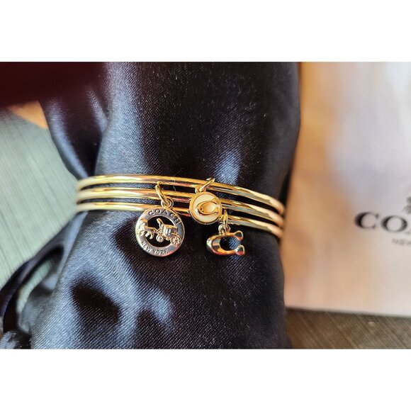 Coach Authentic Signature Charm Bangle Bracelet Trio Set Enamel Gold Tone NWT - Picture 11 of 12